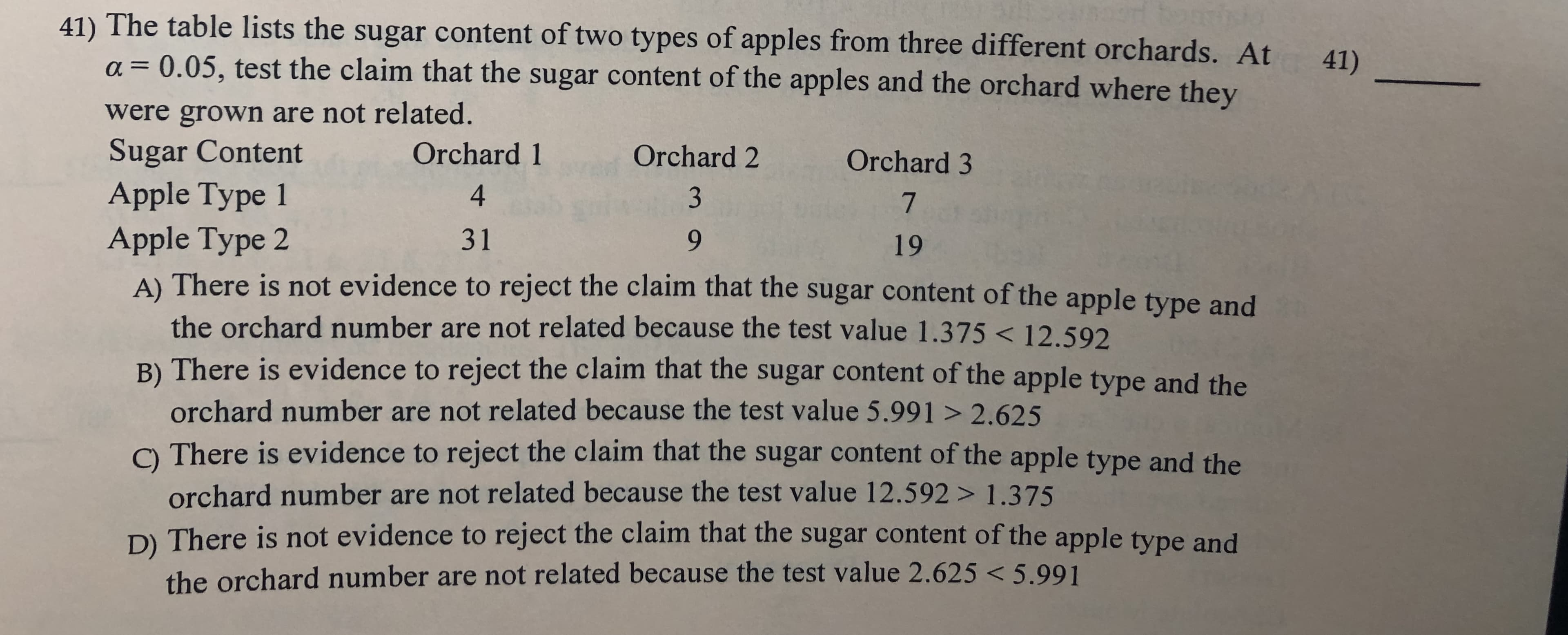 41) The table lists the sugar content of two types of apples from three different orchards. At
a 0.05, test the claim that the sugar content of the apples and the orchard where they
41)
1
were grown are not related.
Sugar Content
Apple Type 1
Orchard 1
Orchard 2
Orchard 3
4
3
7
31
Apple Type 2
A) There is not evidence to reject the claim that the sugar content of the apple type and
19
the orchard number are not related because the test value 1.375< 12.592
B) There is evidence to reject the claim that the sugar content of the apple type and the
orchard number are not related because the test value 5.991 > 2.625
C There is evidence to reject the claim that the sugar content of the apple type and the
orchard number are not related because the test value 12.592 > 1.375
D) There is not evidence to reject the claim that the sugar content of the apple type and
the orchard number are not related because the test value 2.625 < 5.99 1
