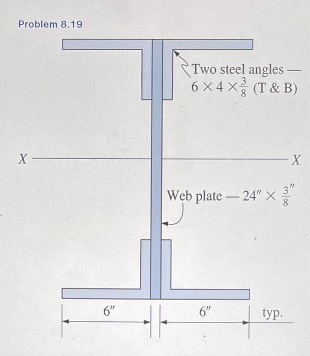 Problem 8.19
X-
6"
Two steel angles -
6X4X (T & B)
3
8
Web plate - 24" X
6"
typ.
X