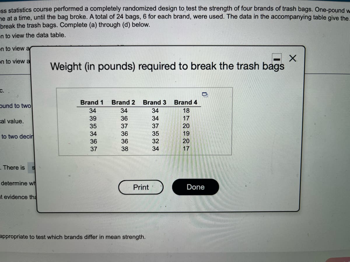 ss statistics course performed a completely randomized design to test the strength of four brands of trash bags. One-pound w
ne at a time, until the bag broke. A total of 24 bags, 6 for each brand, were used. The data in the accompanying table give the.
break the trash bags. Complete (a) through (d) below.
en to view the data table.
n to view
on to view a
Weight (in pounds) required to break the trash bags
C.
Brand 1
Brand 2
Brand 3
Brand 4
ound to two
34
34
34
18
39
36
34
17
cal value.
35
37
37
20
34
36
35
19
to two decir
36
36
32
20
37
38
34
17
. There is
determine wh
Print
Done
at evidence tha
appropriate to test which brands differ in mean strength.
