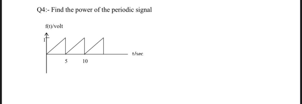 Q4:- Find the power of the periodic signal
f(t)/volt
t/sec
5
10
