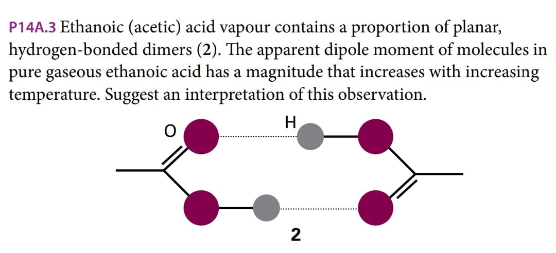P14A.3 Ethanoic (acetic) acid vapour contains a proportion of planar,
hydrogen-bonded dimers (2). The apparent dipole moment of molecules in
pure gaseous ethanoic acid has a magnitude that increases with increasing
temperature. Suggest an interpretation of this observation.
H
2
