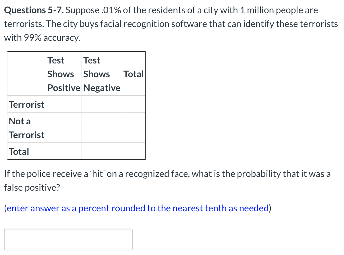 Questions 5-7. Suppose .01% of the residents of a city with 1 million people are
terrorists. The city buys facial recognition software that can identify these terrorists
with 99% accuracy.
Test
Test
Shows Shows
Total
Positive Negative
Terrorist
Not a
Terrorist
Total
If the police receive a 'hit' ona recognized face, what is the probability that it was a
false positive?
(enter answer as a percent rounded to the nearest tenth as needed)
