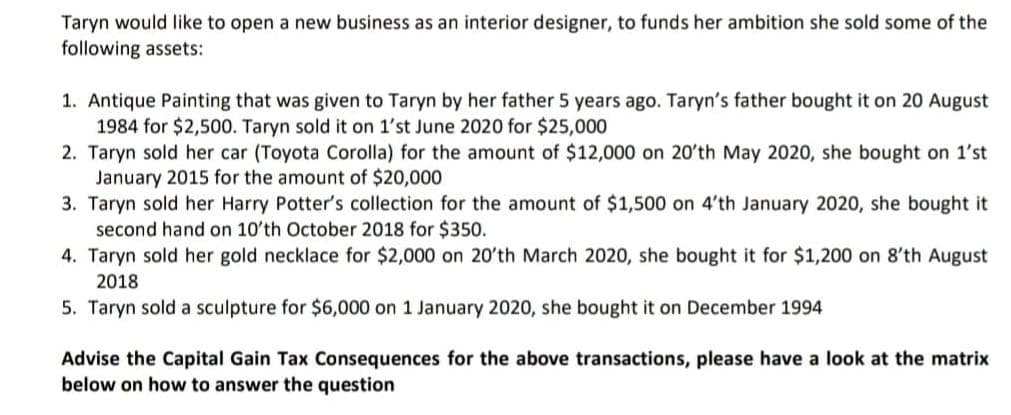 Taryn would like to open a new business as an interior designer, to funds her ambition she sold some of the
following assets:
1. Antique Painting that was given to Taryn by her father 5 years ago. Taryn's father bought it on 20 August
1984 for $2,500. Taryn sold it on 1'st June 2020 for $25,000
2. Taryn sold her car (Toyota Corolla) for the amount of $12,000 on 20'th May 2020, she bought on 1'st
January 2015 for the amount of $20,000
3. Taryn sold her Harry Potter's collection for the amount of $1,500 on 4'th January 2020, she bought it
second hand on 10'th October 2018 for $350.
4. Taryn sold her gold necklace for $2,000 on 20'th March 2020, she bought it for $1,200 on 8'th August
2018
5. Taryn sold a sculpture for $6,000 on 1 January 2020, she bought it on December 1994
Advise the Capital Gain Tax Consequences for the above transactions, please have a look at the matrix
below on how to answer the question
