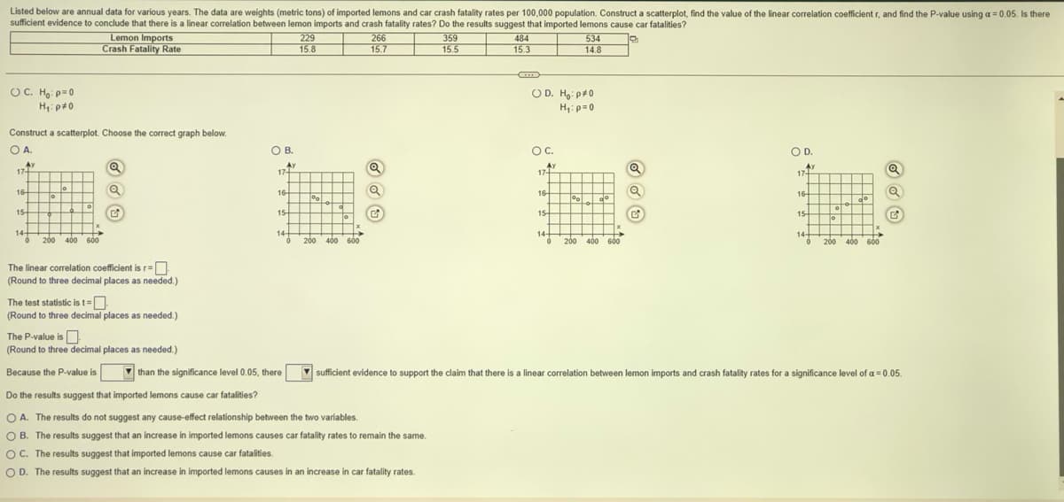 Listed below are annual data for various years. The data are weights (metric tons) of imported lemons and car crash fatality rates per 100,000 population. Construct a scatterplot, find the value of the linear correlation coefficient r, and find the P-value using a = 0.05. Is there
sufficient evidence to conclude that there is a linear correlation between lemon imports and crash fatality rates? Do the results suggest that imported lemons cause car fatalities?
484
534
Lemon Imports
Crash Fatality Rate
229
15.8
266
15.7
359
15.5
15.3
14.8
OC. Ho: p=0
H₁: p=0
Construct a scatterplot. Choose the correct graph below.
O A.
Ay
17+
16-
15-
14-
0 200 400 600
Q
Q
The linear correlation coefficient is r=
(Round to three decimal places as needed.)
The test statistic is t-
(Round to three decimal places as needed.)
The P-value is
(Round to three decimal places as needed.)
Because the P-value is
OB.
Ax
17+
16-
15
14+
6
than the significance level 0.05, there
%
0
200 400
400 600
Q
Q
G
OD. H₂:p#0
H₁: p=0
Do the results suggest that imported lemons cause car fatalities?
O A. The results do not suggest any cause-effect relationship between the two variables.
OB. The results suggest that an increase in imported lemons causes car fatality rates to remain the same.
OC. The results suggest that imported lemons cause car fatalities.
O D. The results suggest that an increase in imported lemons causes in an increase in car fatality rates.
O C.
Aу
17+
16
15-
14-
14
%
dº
6 200 400 600
Q
O D.
Ay
17+
16-
15-
14-
M
H++++++
▬▬▬
||||||$
8
|||||
200 400 600
Q
sufficient evidence to support the claim that there is a linear correlation between lemon imports and crash fatality rates for a significance level of a = 0.05.