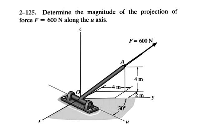 2-125. Determine the magnitude of the projection of
force F = 600 N along the u axis.
F = 600 N
A
4 m
4 m-
2 m
30°
n.
