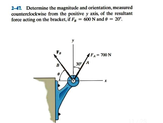 2-47. Determine the magnitude and orientation, measured
counterclockwise from the positive y axis, of the resultant
force acting on the bracket, if Fg = 600 N and 0 = 20°.
y
FB
FA=700 N
B
30°A
