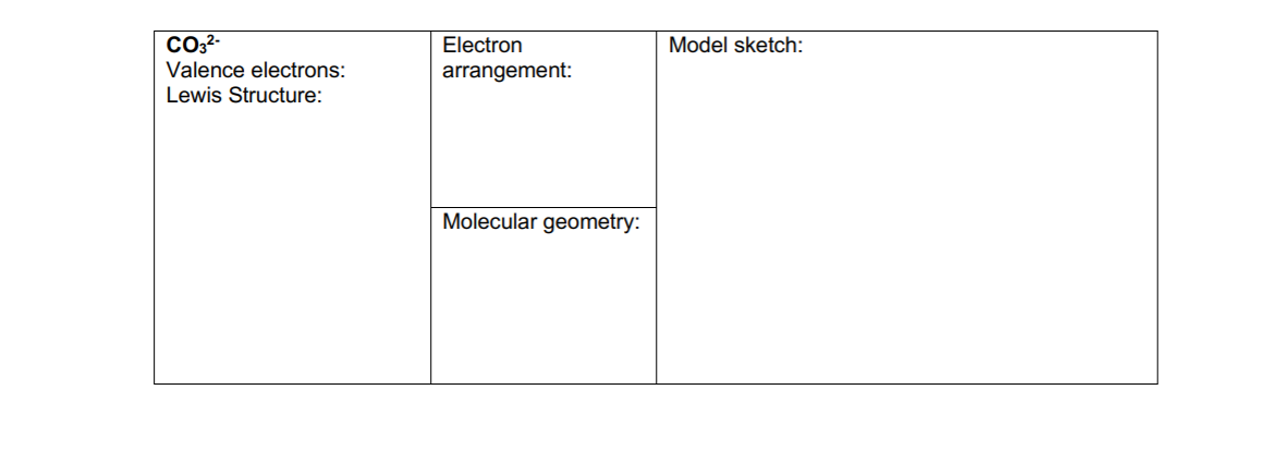 Electron
Model sketch:
Valence electrons:
arrangement:
Lewis Structure:
Molecular geometry:
