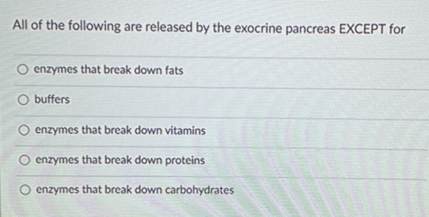 All of the following are released by the exocrine pancreas EXCEPT for
enzymes that break down fats
O buffers
O enzymes that break down vitamins
O enzymes that break down proteins
enzymes that break down carbohydrates
