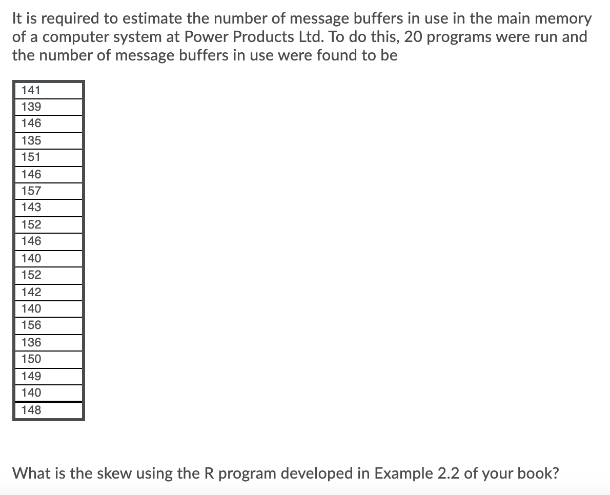 It is required to estimate the number of message buffers in use in the main memory
of a computer system at Power Products Ltd. To do this, 20 programs were run and
the number of message buffers in use were found to be
141
139
146
135
151
146
157
143
152
146
140
152
142
140
156
136
150
149
140
148
What is the skew using the R program developed in Example 2.2 of your book?
