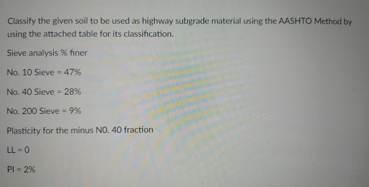 Classify the given soil to be used as highway subgrade material using the AASHTO Method by
using the attached table for its classification.
Sieve analysis % finer
No. 10 Sieve = 47%
%3D
No. 40 Sieve = 28%
No. 200 Sieve = 9%
Plasticity for the minus NO.40 fraction
LL = 0
PI = 2%
