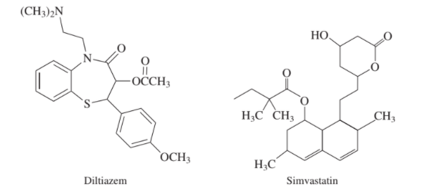 (CH3)2N
HO,
-OCCH3
H3C CH3
CH3
`OCH3
H3C
Diltiazem
Simvastatin
