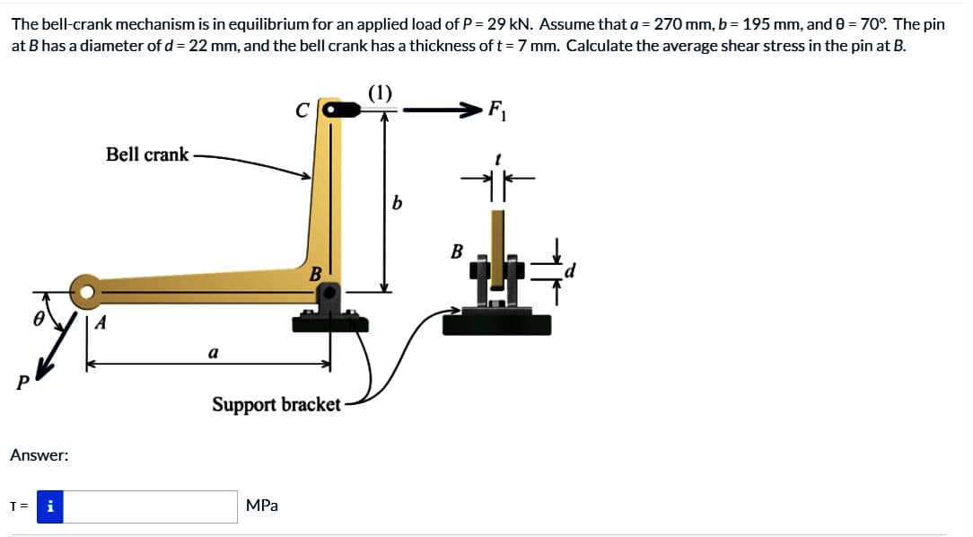 The bell-crank mechanism is in equilibrium for an applied load of P = 29 kN. Assume that a = 270 mm, b = 195 mm, and 0 = 70°. The pin
at B has a diameter of d = 22 mm, and the bell crank has a thickness of t = 7 mm. Calculate the average shear stress in the pin at B.
(1)
Answer:
T =
Bell crank
a
C
Support bracket
MPa
b
F₁
IF
B