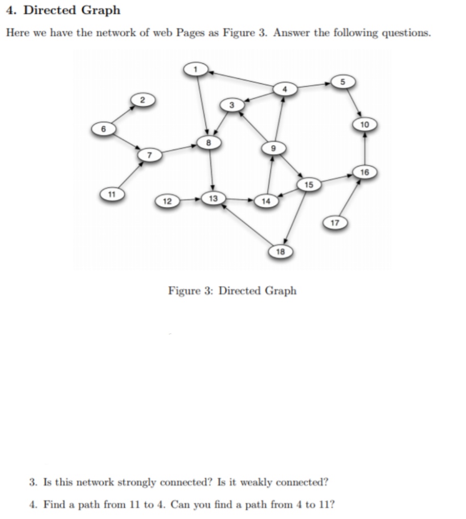 4. Directed Graph
Here we have the network of web Pages as Figure 3. Answer the following questions.
10
16
11
12
13
14
17
18
Figure 3: Directed Graph
3. Is this network strongly connected? Is it weakly connected?
4. Find a path from 11 to 4. Can you find a path from 4 to 11?
