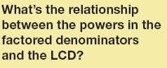 What's the relationship
between the powers in the
factored denominators
and the LCD?
