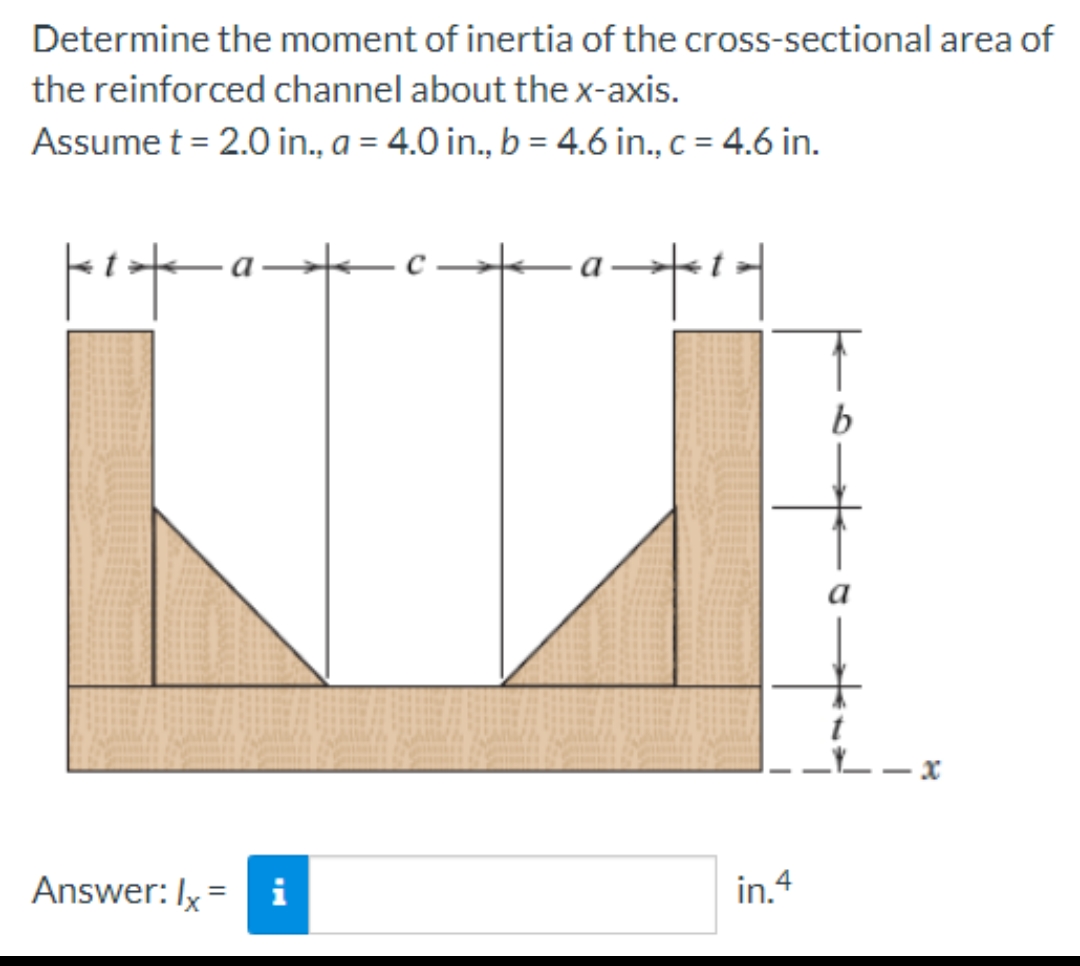 Determine the moment of inertia of the cross-sectional area of
the reinforced channel about the x-axis.
Assume t = 2.0 in., a = 4.0 in., b = 4.6 in., c = 4.6 in.
|t|a.
Answer: Ix= i
c-
a+²
in.4
b