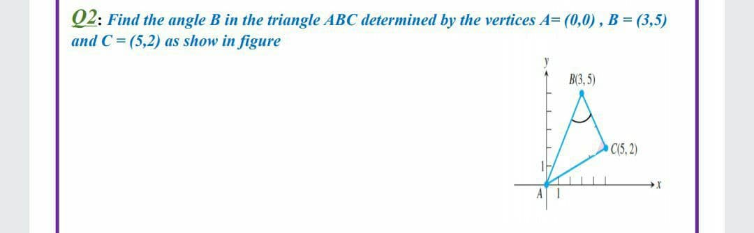Q2: Find the angle B in the triangle ABC determined by the vertices A= (0,0) , B = (3,5)
and C= (5,2) as show in figure
B(3, 5)
C(5,2)
