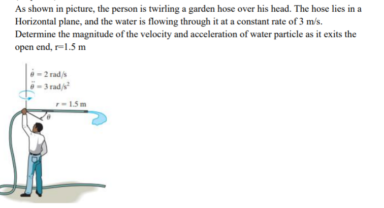 As shown in picture, the person is twirling a garden hose over his head. The hose lies in a
Horizontal plane, and the water is flowing through it at a constant rate of 3 m/s.
Determine the magnitude of the velocity and acceleration of water particle as it exits the
open end, r=1.5 m
e = 2 rad/s
6 = 3 rad/s
r= 1.5 m
