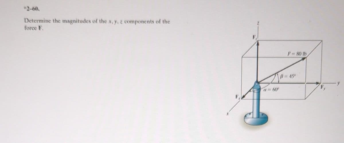 *2-60.
Determine the magnitudes of the x, y, z components of the
force F.
a = 60°
F=80 lb
B=45°