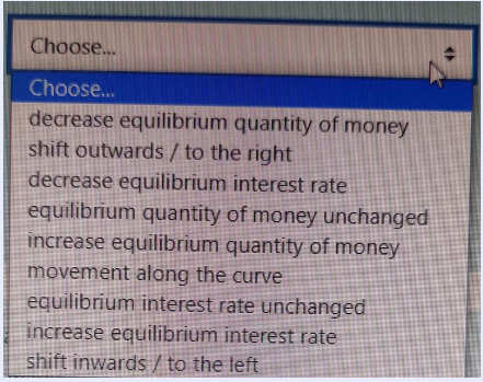Choose...
Choose...
decrease equilibrium quantity of money
shift outwards / to the right
decrease equilibrium interest rate
equilibrium quantity of money unchanged
increase equilibrium quantity of money
movement along the curve
equilibrium interest rate unchanged
increase equilibrium interest rate
shift inwards/ to the left