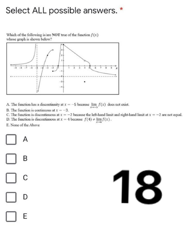 Select ALL possible answers.
Which of the following is lare NOT true of the function f (x)
whose graph is shown below?
A. The function has a discontinuity at x -5 because lim f(x) does not exist.
B. The function is continuous at x=-3.
C. The function is discontinuous at x=-2 because the left-hand limit and right-hand limit at x = -2 are not equal.
D. The function is discontinuous at x = 4 because f(4) + lim f(x).
E. None of the Above
A
в
18
C
D
E
