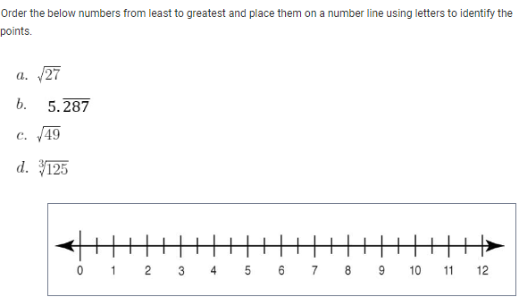 Order the below numbers from least to greatest and place them on a number line using letters to identify the
points.
a. √27
b. 5.287
c. √49
d. 125
0 1 2 3 4 5 6 7 8 9 10 11 12