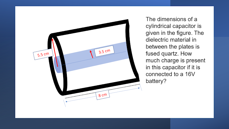 The dimensions of a
cylindrical capacitor is
given in the figure. The
dielectric material in
between the plates is
fused quartz. How
much charge is present
in this capacitor if it is
5.5 cm
3.5 cm
connected to a 16V
battery?
8 cm
