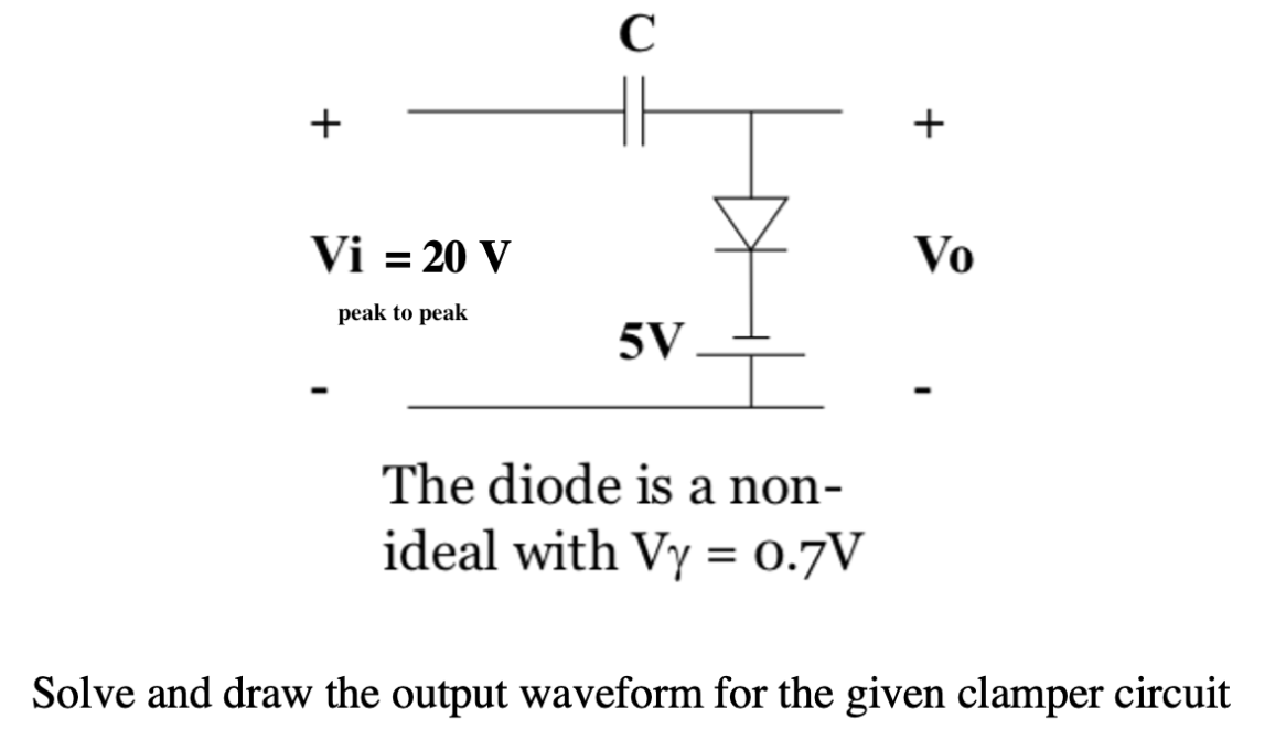 C
+
+
Vi = 20 V
Vo
peak to peak
5V
The diode is a non-
ideal with Vy = 0.7V
Solve and draw the output waveform for the given clamper circuit
