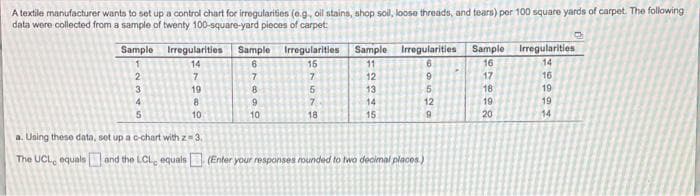 A textile manufacturer wants to set up a control chart for irregularities (o.g., oil stains, shop sol, loose threads, and tears) per 100 square yards of carpet. The following
data were collected from a sample of twenty 100-square-yard pieces of carpet:
Sample
Irregularities
Sample
Irregularities
Sample
Irregularities
Sample
Irregularities
14
15
11
6.
16
14
9.
16
17
18
12
3
19
13
5
19
4
7.
14
12
19
19
10
10
18
15
20
14
a. Using these data, set up a c-chart with z=3,
The UCL, equals and the LCL. equals (Enter your responses rounded to two decimal places.)
