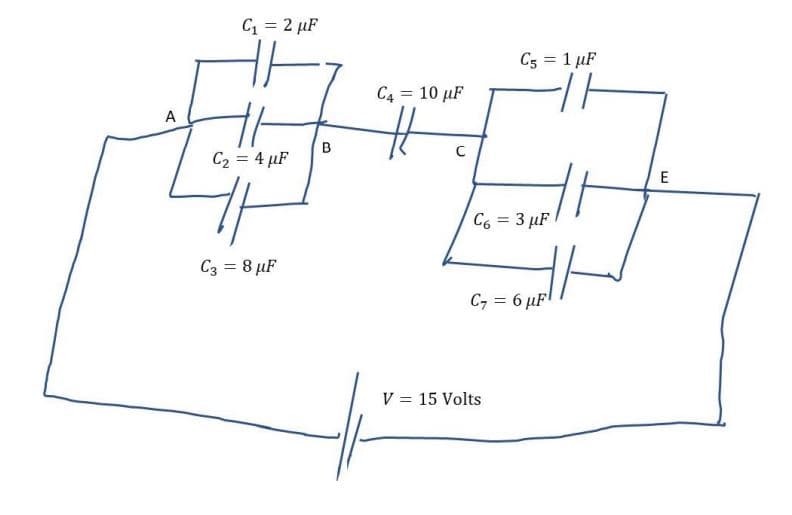 C = 2 µF
C5 = 1 µF
C4 = 10 µF
%3D
A
C2 = 4 µF
E
C6 = 3 µF
C3 = 8 µF
C7 = 6 µF
V = 15 Volts
