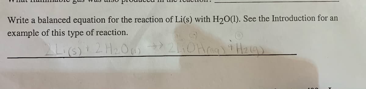 Write a balanced equation for the reaction of Li(s) with H2O(1). See the Introduction for an
example of this type of reaction.

