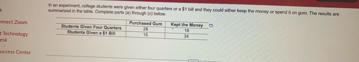 In an experiment, college students were given either four quarters or a $1 bill and they could either keep the money or spend it on gum. The results are
summarized in the table. Complete parts (a) through (c) below.
ennect Zoom
Purchased Gum
Kept the Money
Students Given Four Quarters
Students Given a $1 Bill
28
18
15
34
t Technology
esk
uccess Center
(.....

