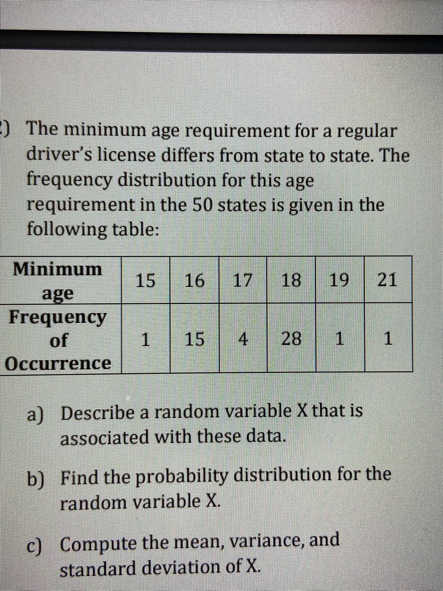 ) The minimum age requirement for a regular
driver's license differs from state to state. The
frequency distribution for this age
requirement in the 50 states is given in the
following table:
Minimum
15
16
17
18
19
21
age
Frequency
of
Occurrence
15
4
28
1.
a) Describe a random variable X that is
associated with these data.
b) Find the probability distribution for the
random variable X.
c) Compute the mean, variance, and
standard deviation of X.
