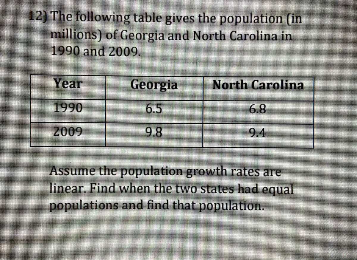 12) The following table gives the population (in
millions) of Georgia and North Carolina in
1990 and 2009.
Year
Georgia
North Carolina
1990
6.5
6.8
2009
9.8
9.4
Assume the population growth rates are
linear. Find when the two states had equal
populations and find that population.
