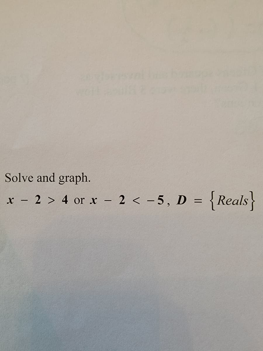 Solve and graph.
x 2 > 4 or x 2 < -5, D =
