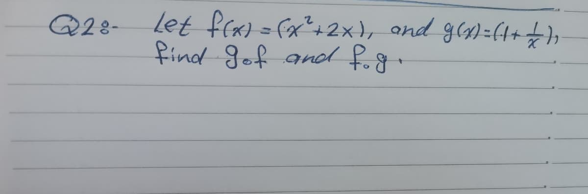 Q28- Let fra) = (x*+2x}, ond gH=(1+4);
find 8of and f.g
