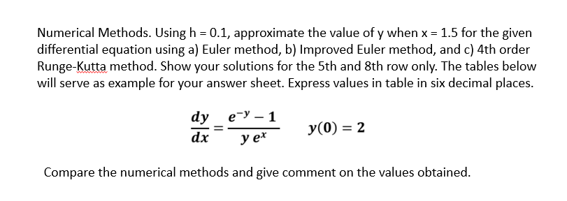 Numerical Methods. Using h = 0.1, approximate the value of y when x = 1.5 for the given
differential equation using a) Euler method, b) Improved Euler method, and c) 4th order
Runge-Kutta method. Show your solutions for the 5th and 8th row only. The tables below
will serve as example for your answer sheet. Express values in table in six decimal places.
dy e- - 1
=
dx y ex
Compare the numerical methods and give comment on the values obtained.
y(0) = 2