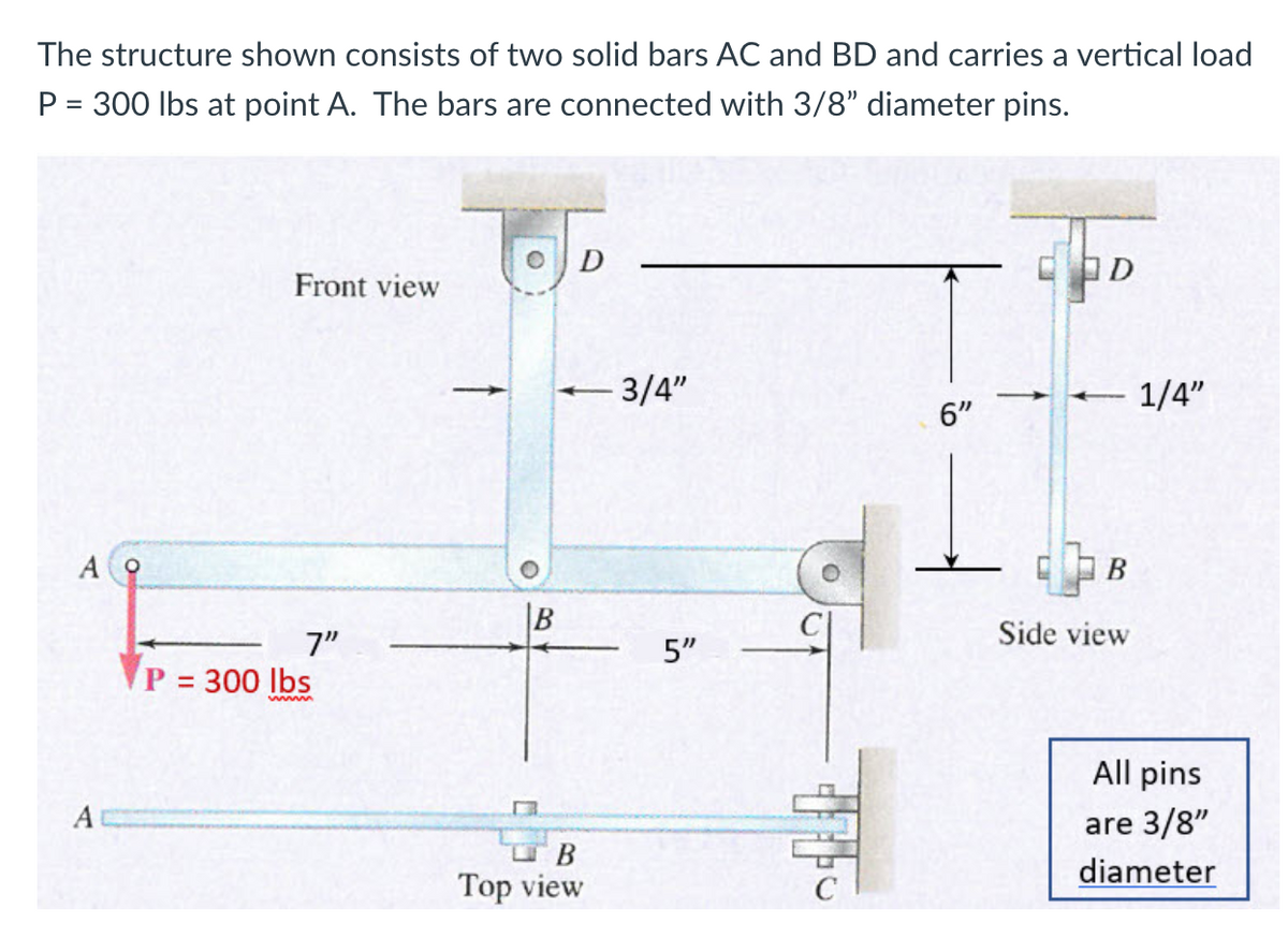 The structure shown consists of two solid bars AC and BD and carries a vertical load
P = 300 lbs at point A. The bars are connected with 3/8" diameter pins.
D
Front view
3/4"
1/4"
6"
В
7"
Side view
5"
P = 300 lbs
%3D
www.
All pins
A
are 3/8"
B
diameter
Top view
