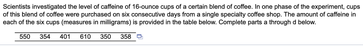 Scientists investigated the level of caffeine of 16-ounce cups of a certain blend of coffee. In one phase of the experiment, cups
of this blend of coffee were purchased on six consecutive days from a single specialty coffee shop. The amount of caffeine in
each of the six cups (measures in milligrams) is provided in the table below. Complete parts a through d below.
550
354
401
610
350
358
