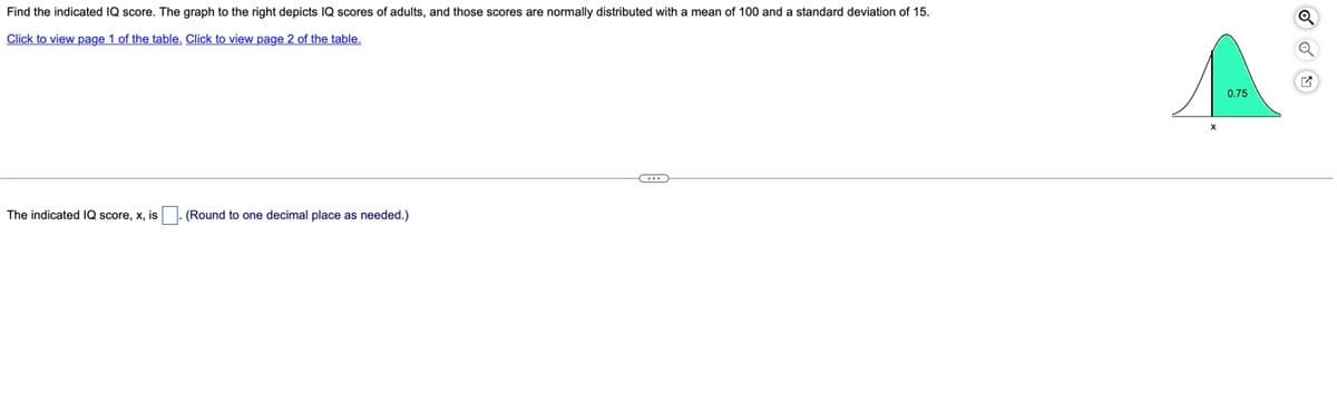 Find the indicated IQ score. The graph to the right depicts lIQ scores of adults, and those scores are normally distributed with a mean of 100 and a standard deviation of 15.
Click to view page 1 of the table. Click to view page 2 of the table.
0.75
The indicated IQ score, x, is
(Round to one decimal place as needed.)
