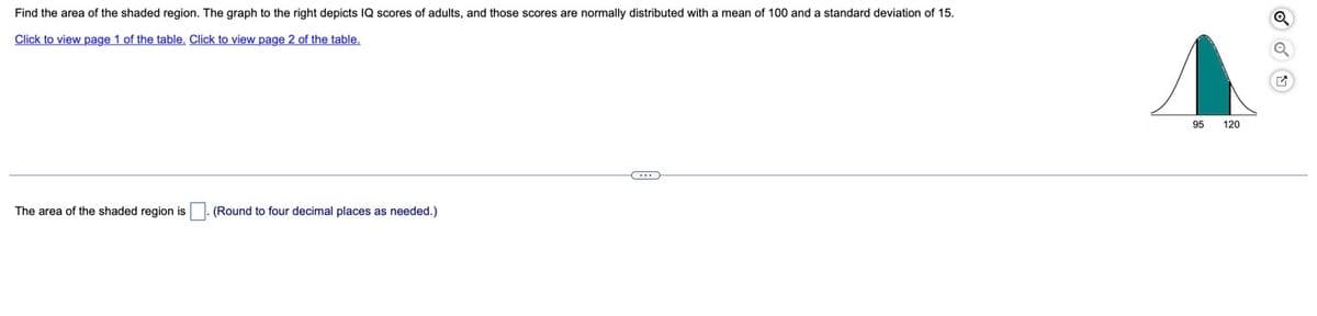 Find the area of the shaded region. The graph to the right depicts IQ scores of adults, and those scores are normally distributed with a mean of 100 and a standard deviation of 15.
Click to view page 1 of the table. Click to view page 2 of the table.
95
120
The area of the shaded region is
(Round to four decimal places as needed.)
