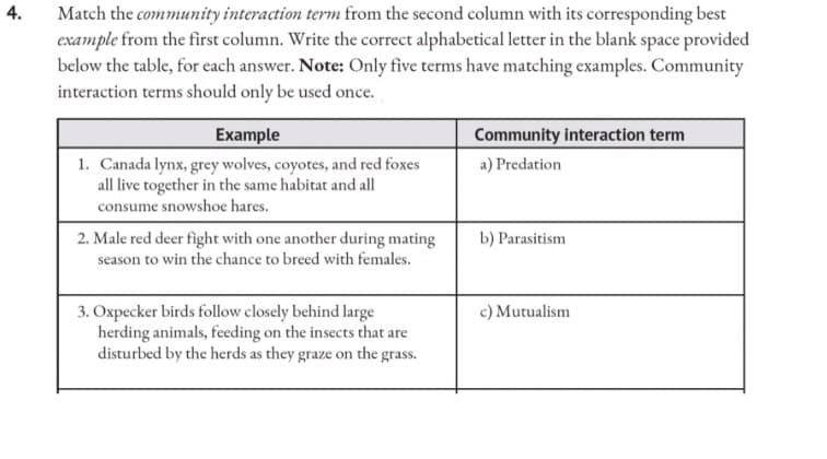 4.
Match the community interaction term from the second column with its corresponding best
example from the first column. Write the correct alphabetical letter in the blank space provided
below the table, for each answer. Note: Only five terms have matching examples. Community
interaction terms should only be used once.
Example
Community interaction term
a) Predation
1. Canada lynx, grey wolves, coyotes, and red foxes
all live together in the same habitat and all
consume snowshoe hares.
b) Parasitism
2. Male red deer fight with one another during mating
season to win the chance to breed with females.
3. Oxpecker birds follow closely behind large
c) Mutualism
herding animals, feeding on the insects that are
disturbed by the herds as they graze on the grass.