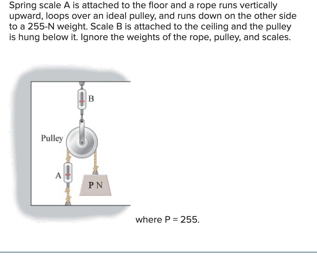 Spring scale A is attached to the floor and a rope runs vertically
upward, loops over an ideal pulley, and runs down on the other side
to a 255-N weight. Scale B is attached to the ceiling and the pulley
is hung below it. Ignore the weights of the rope, pulley, and scales.
Pulley
B
PN
where P = 255.