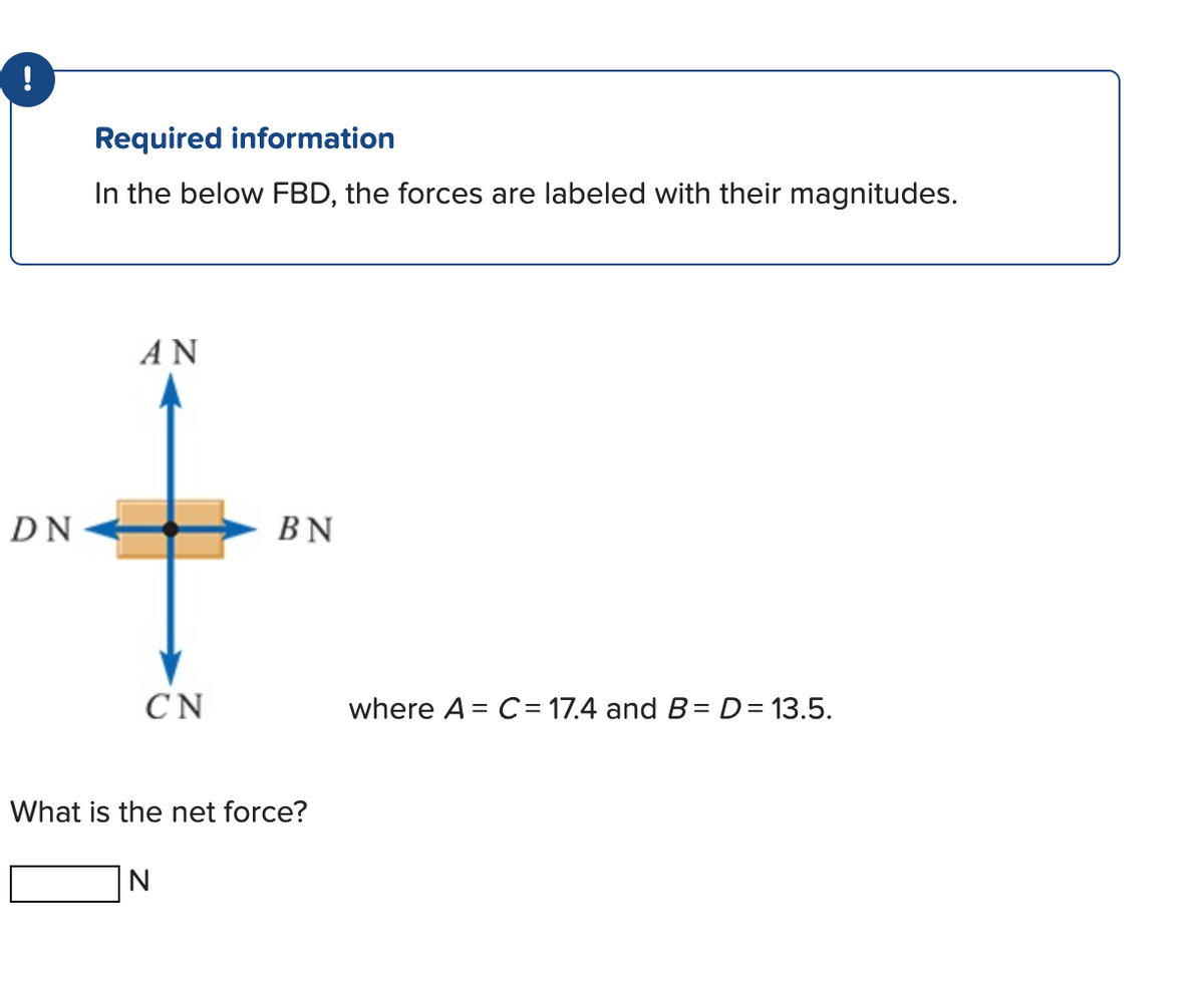 !
DN
Required information
In the below FBD, the forces are labeled with their magnitudes.
ΑΝ
CN
BN
What is the net force?
N
where A = C = 17.4 and B = D = 13.5.