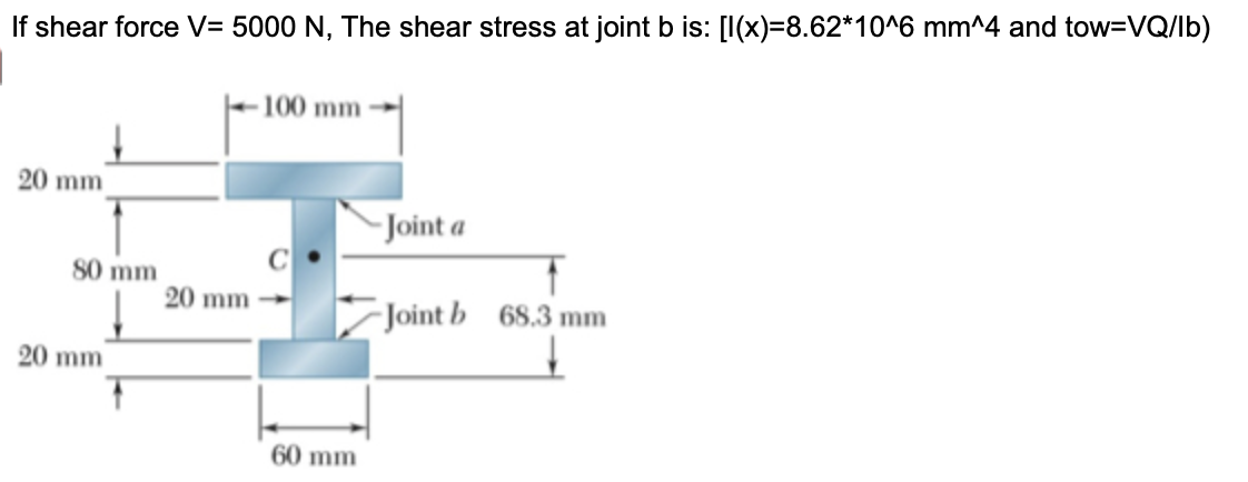 If shear force V= 5000 N, The shear stress at joint b is: [I(x)=8.62*10^6 mm^4 and tow=VQ/lb)
100 mm
20 mm
- Joint a
80 mm
20 mm
Joint b 68.3 mm
20 mm
60 mm
