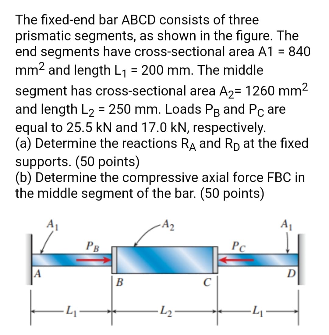 The fixed-end bar ABCD consists of three
prismatic segments, as shown in the figure. The
end segments have cross-sectional area A1 = 840
mm2 and length L1 = 200 mm. The middle
%D
segment has cross-sectional area A2= 1260 mm2
and length L2 = 250 mm. Loads PB and Pc are
equal to 25.5 kN and 17.0 kN, respectively.
(a) Determine the reactions Ra and Rp at the fixed
supports. (50 points)
(b) Determine the compressive axial force FBC in
the middle segment of the bar. (50 points)
A1
-A2
A1
PB
PC
A
D
В
C
L
