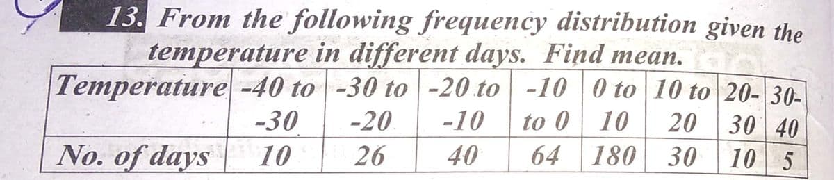 13. From the following frequency distribution given the
temperature in different days. Find mean.
Temperature -40 to -30 to -20 to -10 | 0 to 10 to 20- 30-
20 | 30 40
10 5
-30
-20
-10
to 0
10
No. of days
10
26
40
64 180 30
