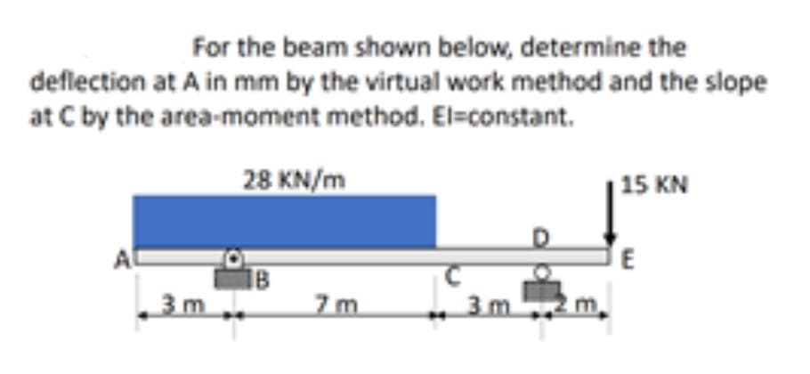 For the beam shown below, determine the
deflection at A in mm by the virtual work method and the slope
at C by the area-moment method. El=constant.
28 KN/m
15 KN
E
1B
3 m
7 m
3 m.
m.

