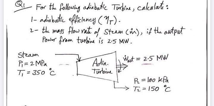 For the foloaing ahiabetic Turbine, cakulat:
|- adisbatte efficiency (9r)-
2- te mass flow vate of Steam (i), if the autput
Power frem turbine is 2:5 MW.
Steam
P= 2 MPa
T = 350 °C
Waut =
2:5 MW
Adia.
Turbine
%3D
%3D
R = loo kPa
> Tz=150 C
