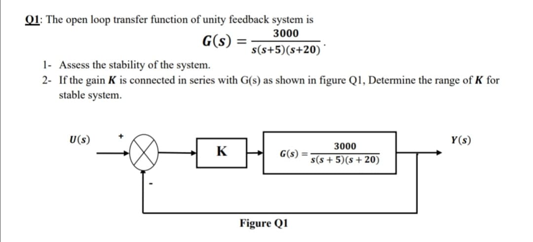 Q1: The open loop transfer function of unity feedback system is
3000
G(s) :
s(s+5)(s+20)*
1- Assess the stability of the system.
2- If the gain K is connected in series with G(s) as shown in figure Q1, Determine the range of K for
stable system.
U(s)
Y(s)
3000
K
G(s) =
s(s + 5)(s+ 20)
Figure Q1
