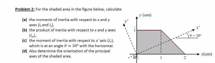 Problem 2: For the shaded area in the figure below, calculate
y (cm)
(a) the moments of inertia with respect to x and y
axes (I, and I,),
(b) the product of inertia with respect to x and y axes
(I),
(c) the moment of inertia with respect to x'axis (I),
which is at an angle 0 = 30° with the horizontal.
(d) Also determine the orientation of the principal
0 = 30°
x(cm)
axes of the shaded area.
